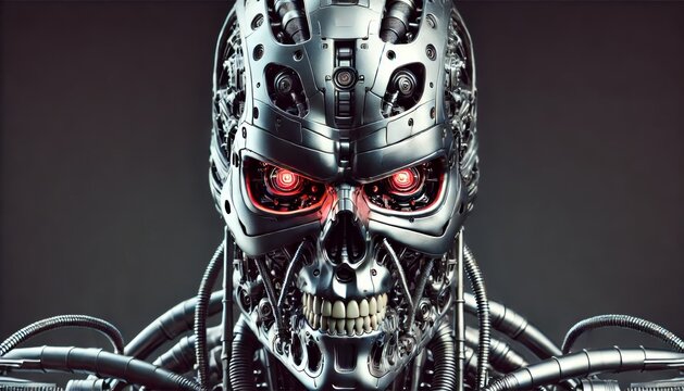 A Cyborg Terminator Head featuring Glowing Red Eyes and intricate Metallic Details
