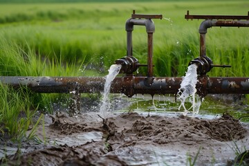 An irrigation system in a rice field uses rusty pipes to supply flowing water for the crops