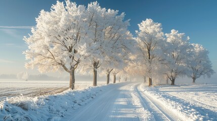 Obraz premium Snowy Trees Lining a Winter Road