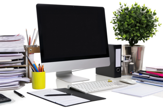 Sleek Modern Office Desktop Setup, Isolated on White Background