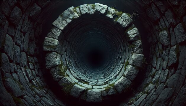 Deep, dark, stone well interior