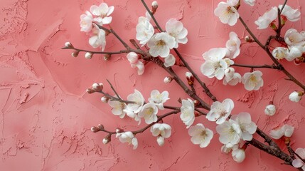 Obraz premium Blooming Cherry Branch on Pink Background