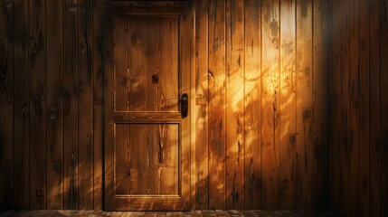 Wooden Door With Sunlight And Shadow Patterns