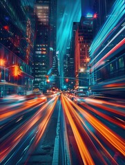 Fototapeta premium Urban scene with cars and people moving at night