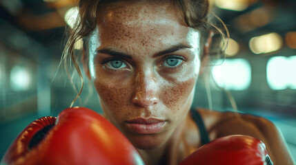 female boxer training in the ring with a focused expression, red boxing gloves, and intense gaze