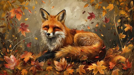 Fototapeta premium Playful fox amidst autumn leaves, for a touch of whimsy in home decor