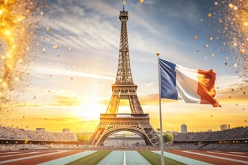 July 14 is the National Day of France. The national flag of France on the background of the Eiffel Tower. Tricolor. The concept of the Olympic Games in France 2024