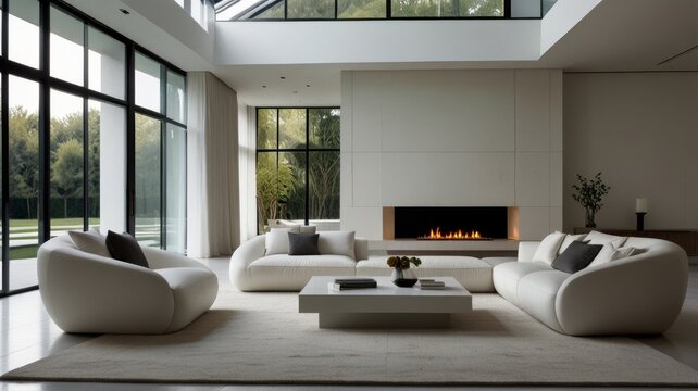 An ultramodern white living room with a minimalist design