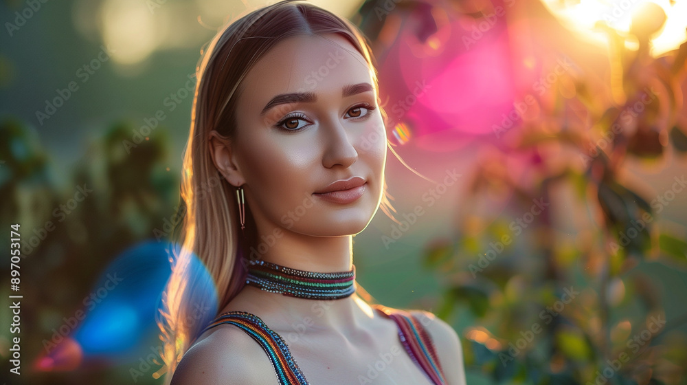 Wall mural Elegant Young Woman in Sunset Lighting with Colorful Background