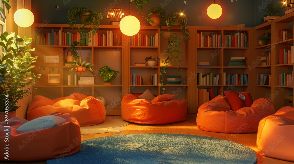 Poster A relaxing library space with warm lighting and comfortable beanbags in front of bookshelves filled with books.