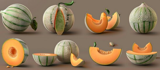 A realistic set of cantaloupes and melons, displayed as whole fruits, halved slices, and in groups. The different angles, including top, side, and front views, 