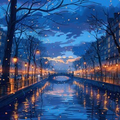 Fototapeta premium Magical Evening Canal with Lanterns Light in Blue and Orange