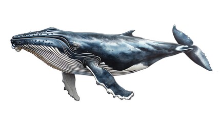 Fototapeta premium Enchanting of a majestic whale with delicate, flowing fins, isolated on white, radiating peace and oceanic wonder for nursery walls