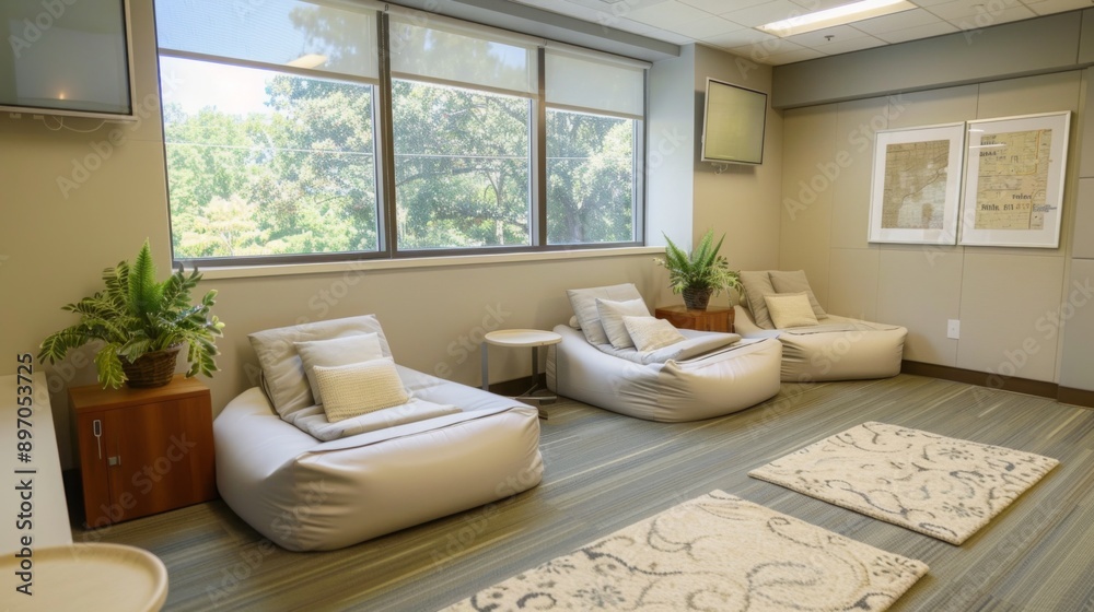 Poster A modern lounge area with comfortable bean bag chairs and a large window providing natural light. Two bean bag chairs are positioned facing each other, creating a relaxing and inviting space.