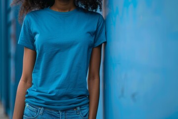 Woman wearing a blue t shirt is posing in front of a blue wall