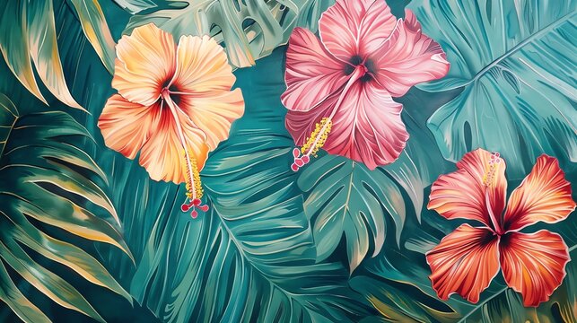 Lush  tropical leaves and hibiscus, for a vibrant, adventure themed nursery full of life and color