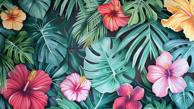 Lush  tropical leaves and hibiscus, for a vibrant, adventure themed nursery full of life and color