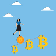 Cryptocurrency investment growth high risk high reward, cryptocurrency investment return or profit increase, businesswoman investors walk a tightrope from small bitcoin to bigger bitcoin