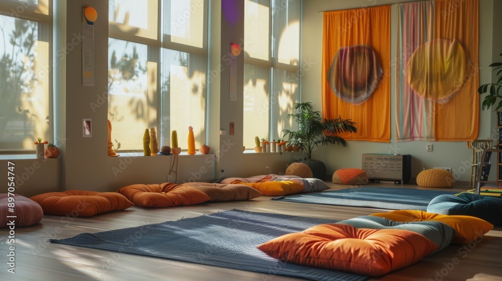 Poster a room with large windows overlooking trees, featuring orange and blue cushions arranged on the floo