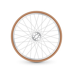 Realistic 3d retro bicycle wheel. Bike rubber tire, shiny metal spokes and rim. Fitness cycle, touring, sport, road and mountain bike. Vector illustration