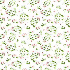 flowers set 01Pink flowers and green branches and leaves. Seamless floral pattern. Watercolor illustration. Botanical illustration. Delicate wild flowers isolated on a white background. Meadow grass
