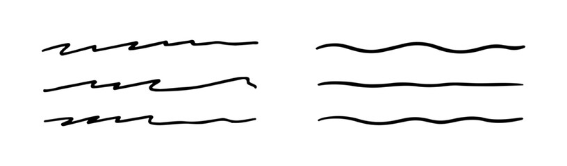 Hand drawn black lines by pen. Doodle strokes, underlines by pencil. Brush scribbles, frames, borders, design elements.