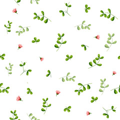 flowers set 01Pink flowers and green branches and leaves. Seamless floral pattern. Watercolor illustration. Botanical illustration. Delicate wild flowers isolated on a white background. Meadow grass