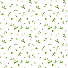 flowers set 01Pink flowers and green branches and leaves. Seamless floral pattern. Watercolor illustration. Botanical illustration. Delicate wild flowers isolated on a white background. Meadow grass