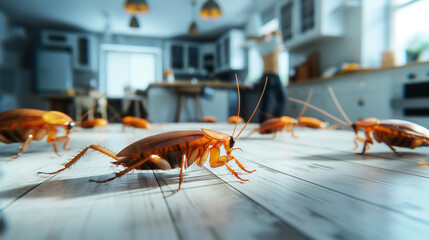 Close-up view of multiple large cockroaches crawling on a clean kitchen floor with modern appliances and a blurry figure in the background.
