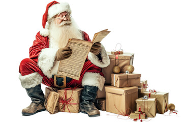 Santa Claus Reading Old Paper, Isolated on White Background