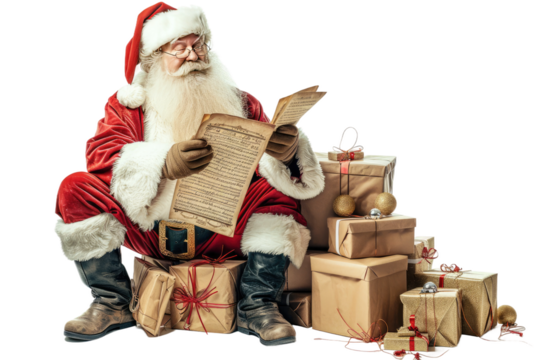 Santa Claus Reading Old Paper, Isolated on White Background