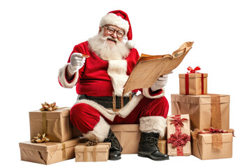 Santa Claus Studying Old Document, Isolated on White Background