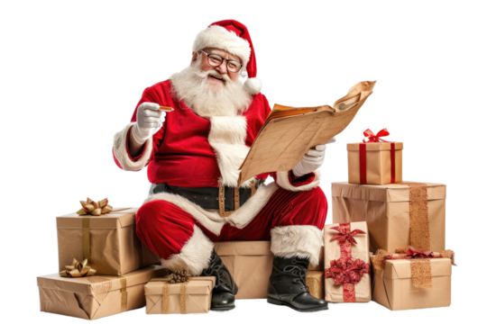 Santa Claus Studying Old Document, Isolated on White Background