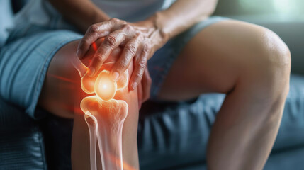 knee X-ray. World Arthritis Day. the man's knee hurts. A woman holds onto her knee in pain