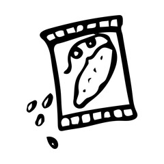 Packet of cucumber seeds is hand drawn in doodle style. Hobby gardening. Growing vegetable plants. Vector line art illustration.