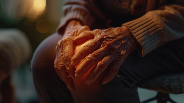 World Arthritis Day. the man's knee hurts. A woman holds her knee in pain