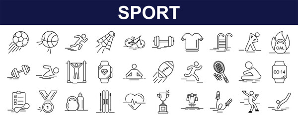 Sport and Fitness Line Vector Icon Collection. A set of outline icons related to football, medals, the gym, competitions, basketball, trophies, and more. Editable stroke. Vector illustration.