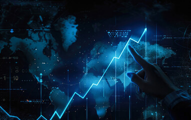 Upward arrow and hand on blue world map background
