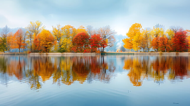 Vibrant abstract of a tranquil lake reflecting colorful autumn trees, first day of fall serenity