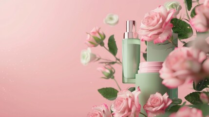 Elegant cosmetic product display with roses. Soft pink and green color scheme highlighting beauty and freshness in a gentle design. Ideal for beauty and skincare concepts, marketing and ads. AI