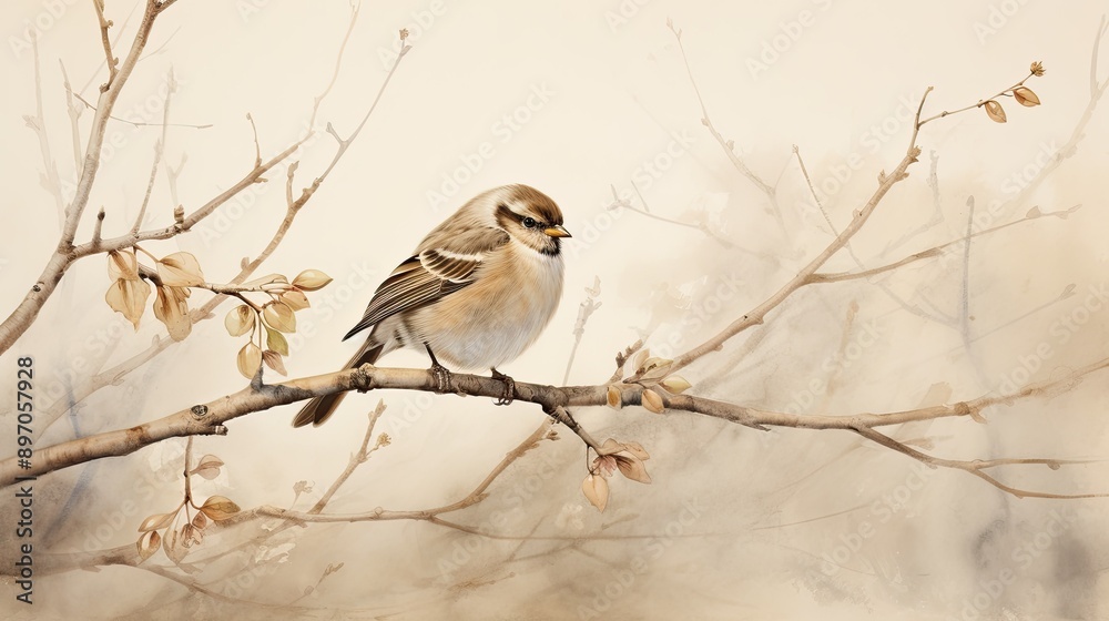 Wall mural small bird perched on leafy branch