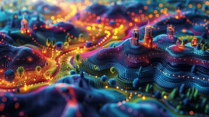 An abstract design showing interconnected P-IoT devices, such as soil moisture sensors, weather stations, and robotic harvesters