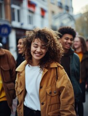 Group of people walking together on city street