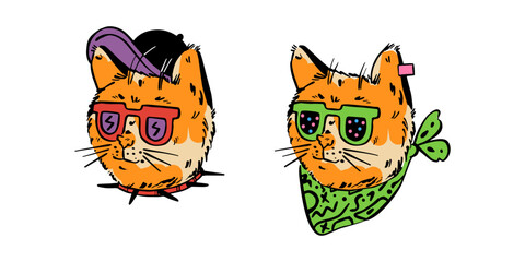 Cute  cats in a cap, glasses, a collar and a scarf. Trendy vector illustration.