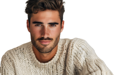 man in a sweater looking at the camera with a raised eyebrow isolated on a transparent background in a studio shot from a high angle photo with soft light. bright colors