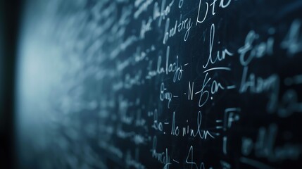 Close-up of a chalkboard filled with complex mathematical equations and notes, illustrating education and academic pursuits.