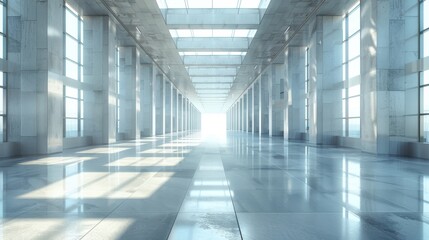 A modern, concrete corridor with glass windows and a tiled floor