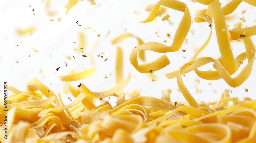 Poster raw italian pasta falls gracefully onto a white surface, creating a beautiful and elegant visual. ge
