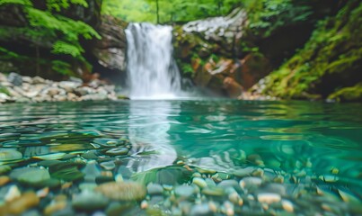 Serene Forest Waterfall with Clear Pool, Generative AI