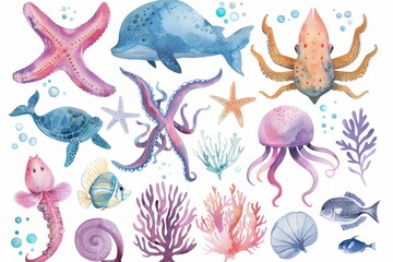 Fototapeta premium cute hand painted watercolor collage png clip art of various deep sea creatures.